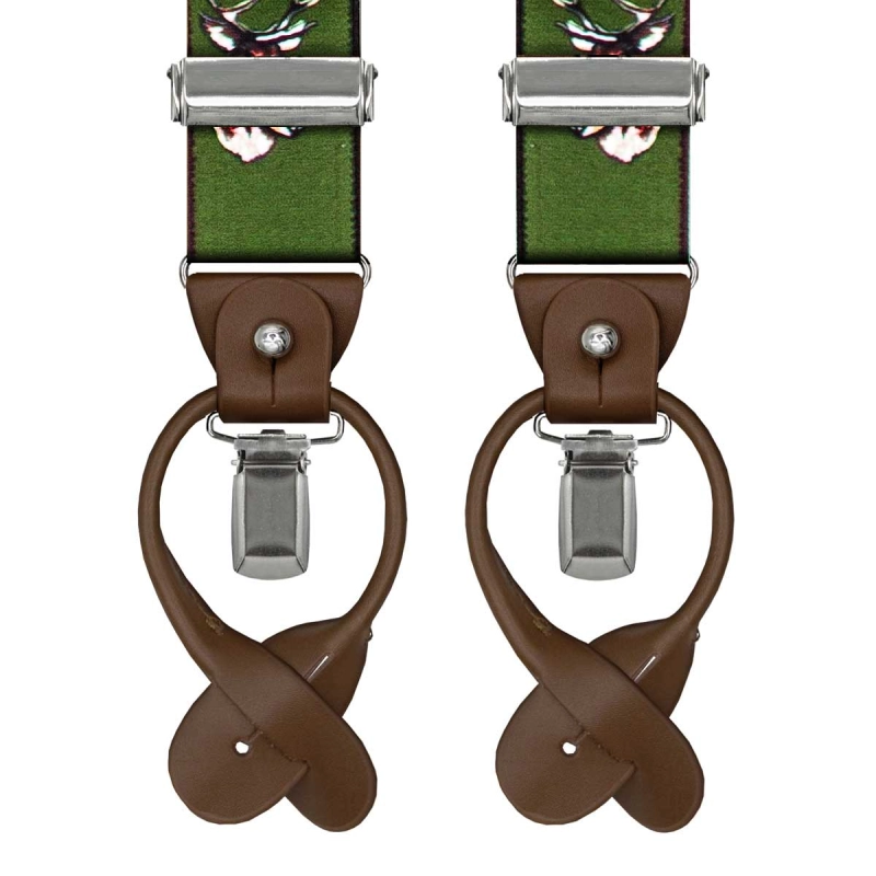 Szelki zielone myśliwskie zapinane na guziki z wykończeniem skórzanym w kolorze brązowym