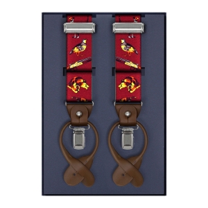 Szelki bordowe myśliwskie zapinane na guziki z wykończeniem skórzanym w kolorze brązowym