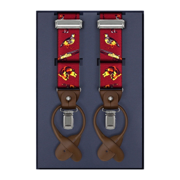 Szelki bordowe myśliwskie zapinane na guziki z wykończeniem skórzanym w kolorze brązowym