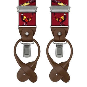 Szelki bordowe myśliwskie zapinane na guziki z wykończeniem skórzanym w kolorze brązowym