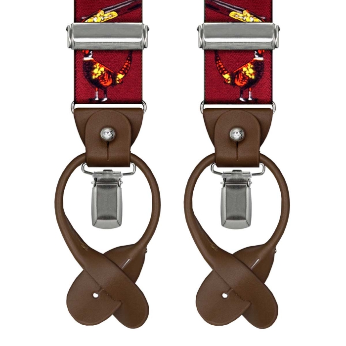 Szelki bordowe myśliwskie zapinane na guziki z wykończeniem skórzanym w kolorze brązowym