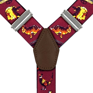 Szelki bordowe myśliwskie zapinane na guziki z wykończeniem skórzanym w kolorze brązowym