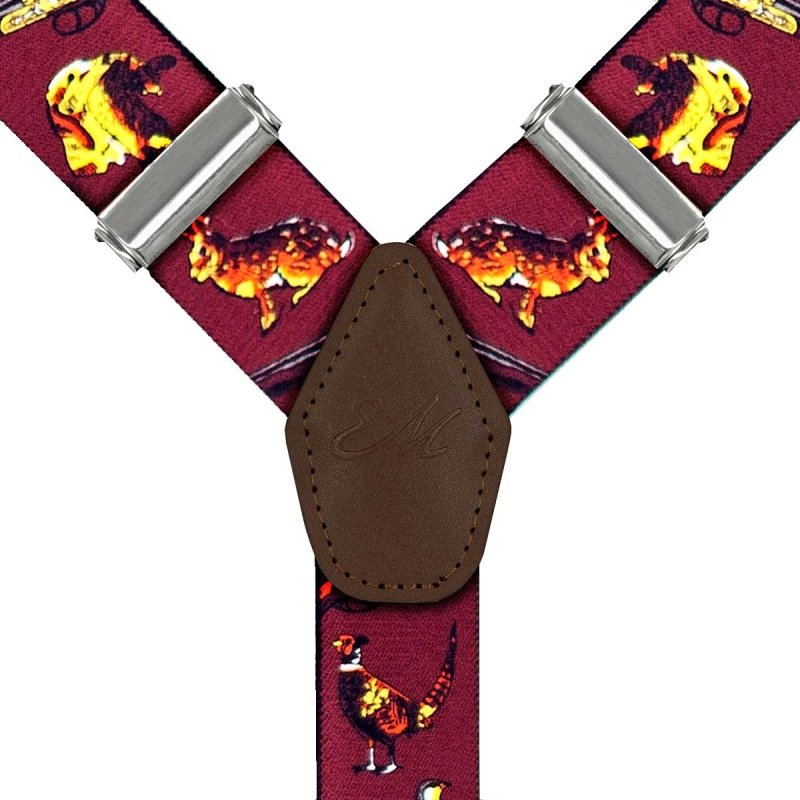 Szelki bordowe myśliwskie zapinane na guziki z wykończeniem skórzanym w kolorze brązowym