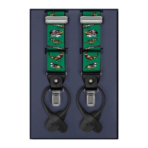 Szelki zielone myśliwskie zapinane na guziki z wykończeniem skórzanym w kolorze czarnym