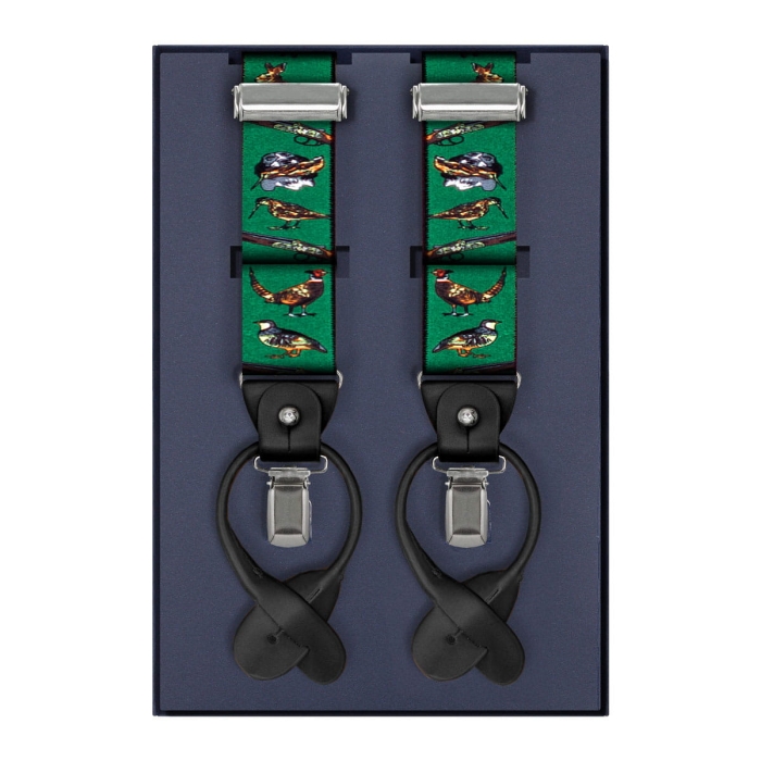 Szelki zielone myśliwskie zapinane na guziki z wykończeniem skórzanym w kolorze czarnym