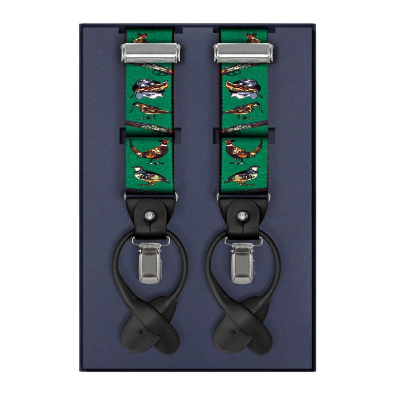 Szelki zielone myśliwskie zapinane na guziki z wykończeniem skórzanym w kolorze czarnym