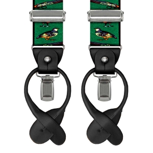 Szelki zielone myśliwskie zapinane na guziki z wykończeniem skórzanym w kolorze czarnym