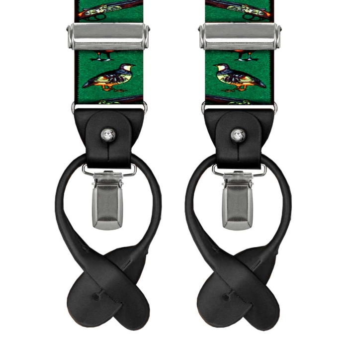 Szelki zielone myśliwskie zapinane na guziki z wykończeniem skórzanym w kolorze czarnym