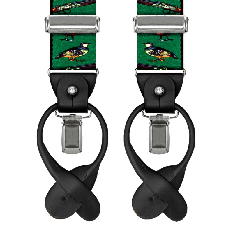 Szelki zielone myśliwskie zapinane na guziki z wykończeniem skórzanym w kolorze czarnym