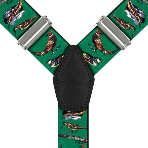 Szelki zielone myśliwskie zapinane na guziki z wykończeniem skórzanym w kolorze czarnym