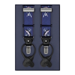 Szelki granatowe w ryby zapinane na guziki z wykończeniem skórzanym w kolorze czarnym