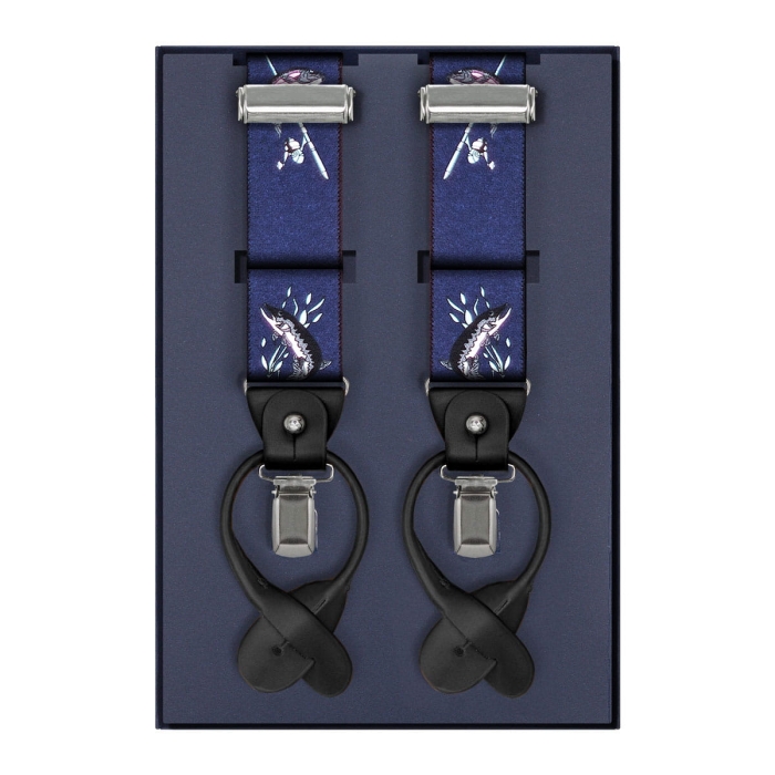 Szelki granatowe w ryby zapinane na guziki z wykończeniem skórzanym w kolorze czarnym