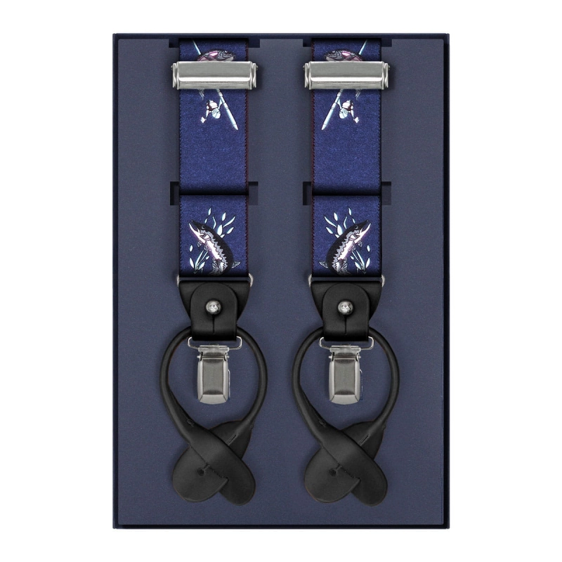 Szelki granatowe w ryby zapinane na guziki z wykończeniem skórzanym w kolorze czarnym