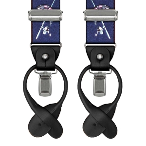 Szelki granatowe w ryby zapinane na guziki z wykończeniem skórzanym w kolorze czarnym