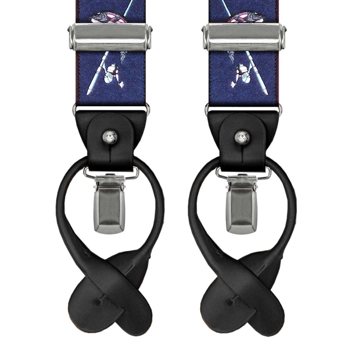 Szelki granatowe w ryby zapinane na guziki z wykończeniem skórzanym w kolorze czarnym