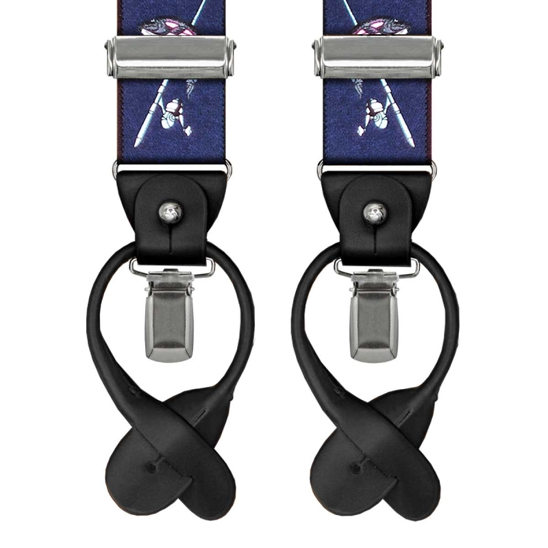 Szelki granatowe w ryby zapinane na guziki z wykończeniem skórzanym w kolorze czarnym