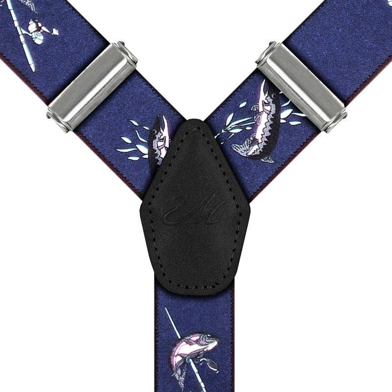 Szelki granatowe w ryby zapinane na guziki z wykończeniem skórzanym w kolorze czarnym