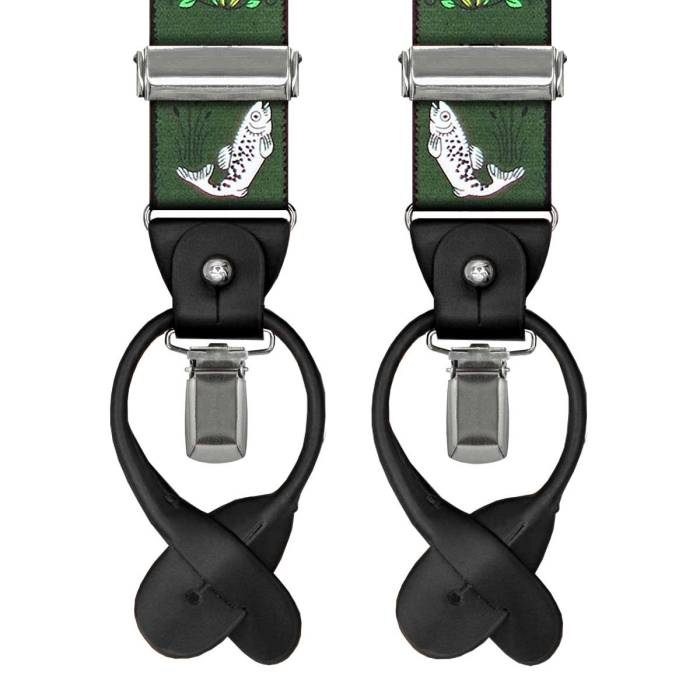 Szelki butelkowa zieleń / zielone w ryby zapinane na guziki z wykończeniem skórzanym w kolorze czarnym