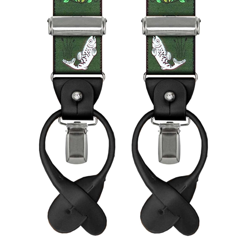 Szelki butelkowa zieleń / zielone w ryby zapinane na guziki z wykończeniem skórzanym w kolorze czarnym