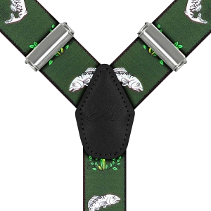 Szelki butelkowa zieleń / zielone w ryby zapinane na guziki z wykończeniem skórzanym w kolorze czarnym