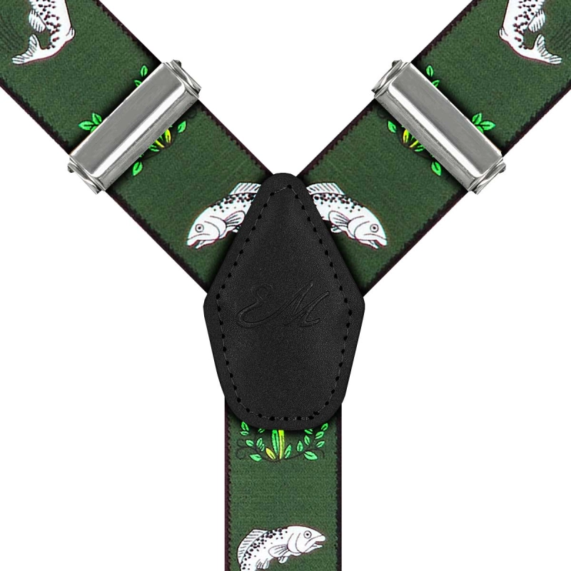 Szelki butelkowa zieleń / zielone w ryby zapinane na guziki z wykończeniem skórzanym w kolorze czarnym