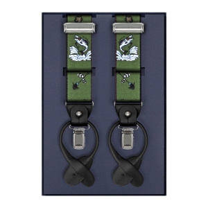 Szelki zielone z motywem wędkarskim zapinane na guziki z wykończeniem skórzanym w kolorze czarnym