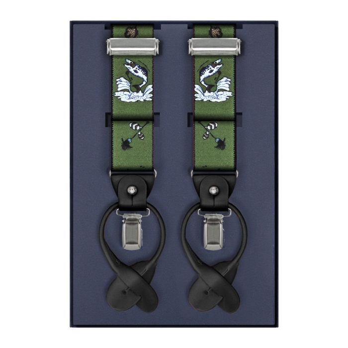 Szelki zielone z motywem wędkarskim zapinane na guziki z wykończeniem skórzanym w kolorze czarnym