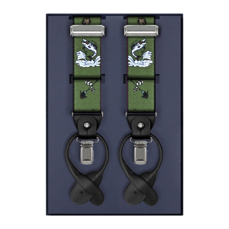 Szelki zielone z motywem wędkarskim zapinane na guziki z wykończeniem skórzanym w kolorze czarnym