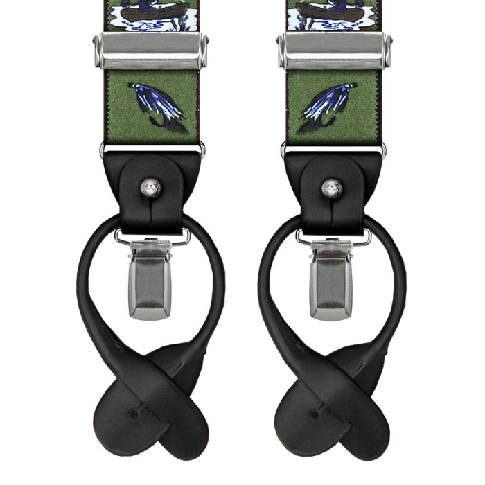 Szelki zielone z motywem wędkarskim zapinane na guziki z wykończeniem skórzanym w kolorze czarnym