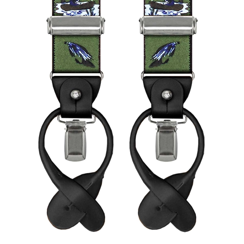 Szelki zielone z motywem wędkarskim zapinane na guziki z wykończeniem skórzanym w kolorze czarnym