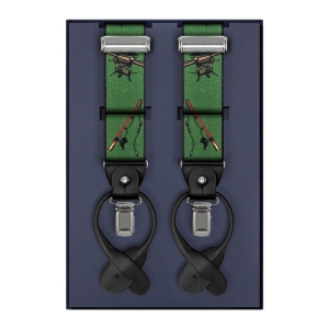 Szelki zielone w wędki zapinane na guziki z wykończeniem skórzanym w kolorze czarnym