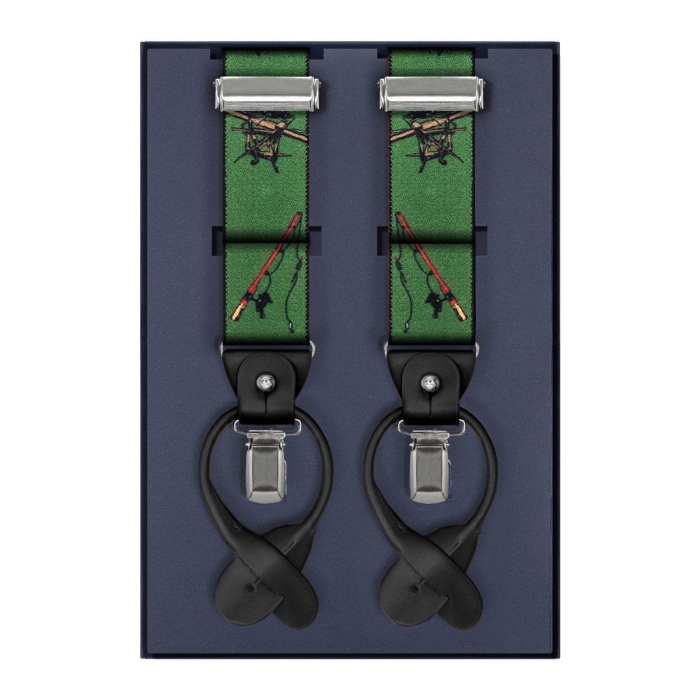 Szelki zielone w wędki zapinane na guziki z wykończeniem skórzanym w kolorze czarnym