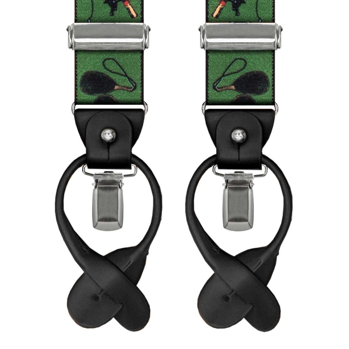 Szelki zielone w wędki zapinane na guziki z wykończeniem skórzanym w kolorze czarnym