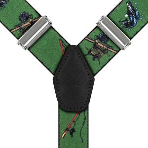 Szelki zielone w wędki zapinane na guziki z wykończeniem skórzanym w kolorze czarnym