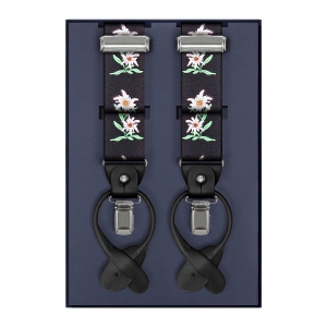 Szelki czarne w kwiatki zapinane na guziki z wykończeniem skórzanym w kolorze czarnym