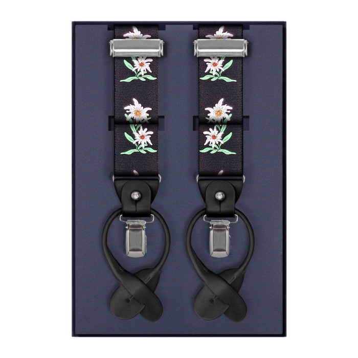 Szelki czarne w kwiatki zapinane na guziki z wykończeniem skórzanym w kolorze czarnym