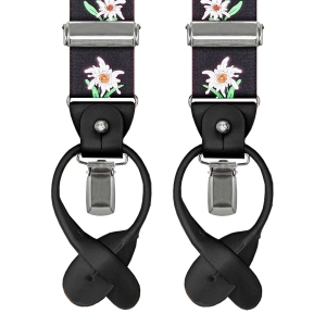 Szelki czarne w kwiatki zapinane na guziki z wykończeniem skórzanym w kolorze czarnym