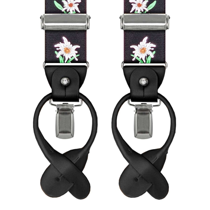 Szelki czarne w kwiatki zapinane na guziki z wykończeniem skórzanym w kolorze czarnym