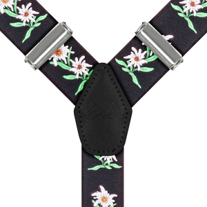 Szelki czarne w kwiatki zapinane na guziki z wykończeniem skórzanym w kolorze czarnym