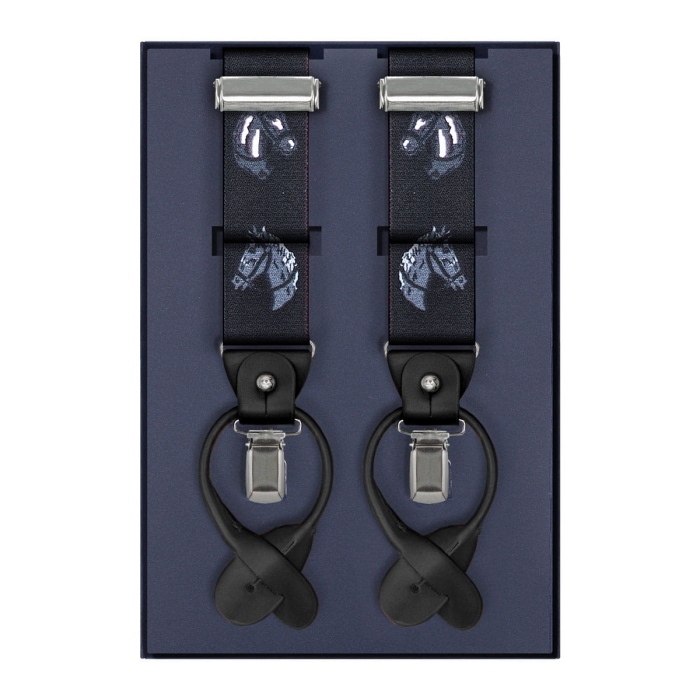 Szelki czarne w konie zapinane na guziki z wykończeniem skórzanym w kolorze czarnym