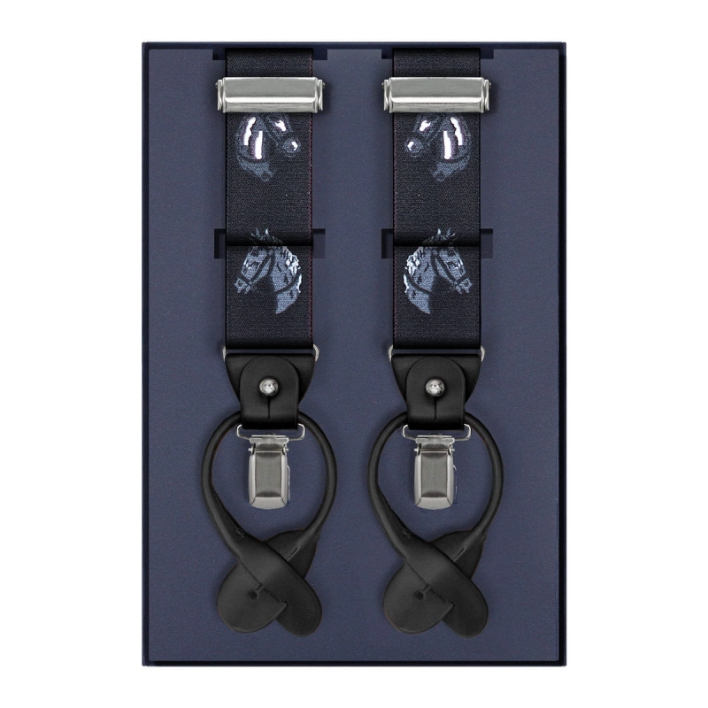 Szelki czarne w konie zapinane na guziki z wykończeniem skórzanym w kolorze czarnym