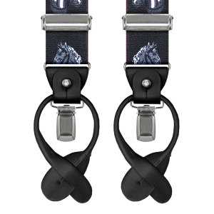 Szelki czarne w konie zapinane na guziki z wykończeniem skórzanym w kolorze czarnym