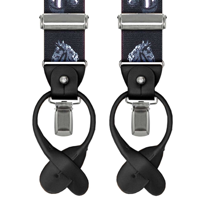 Szelki czarne w konie zapinane na guziki z wykończeniem skórzanym w kolorze czarnym