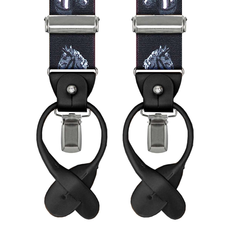 Szelki czarne w konie zapinane na guziki z wykończeniem skórzanym w kolorze czarnym