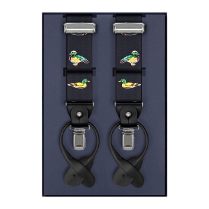 Szelki czarne w kaczki zapinane na guziki z wykończeniem skórzanym w kolorze czarnym