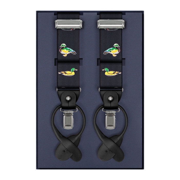 Szelki czarne w kaczki zapinane na guziki z wykończeniem skórzanym w kolorze czarnym