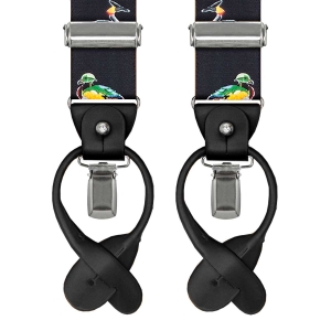 Szelki czarne w kaczki zapinane na guziki z wykończeniem skórzanym w kolorze czarnym