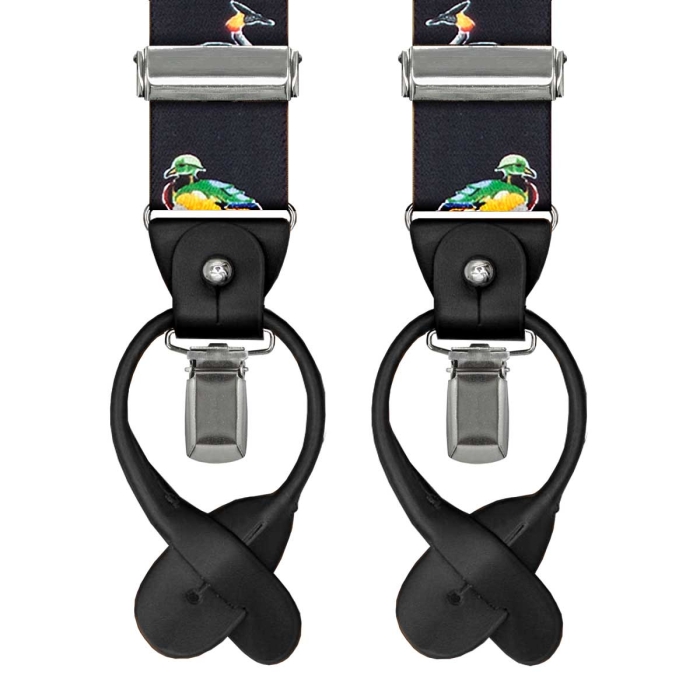 Szelki czarne w kaczki zapinane na guziki z wykończeniem skórzanym w kolorze czarnym