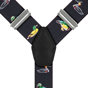 Szelki czarne w kaczki zapinane na guziki z wykończeniem skórzanym w kolorze czarnym