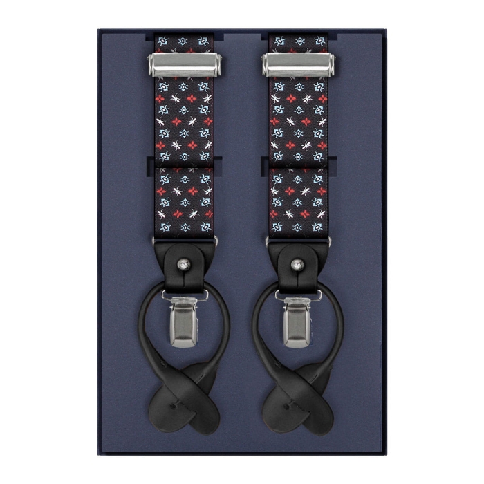 Szelki czarne w lilijki harcerskie zapinane na guziki z wykończeniem skórzanym w kolorze czarnym